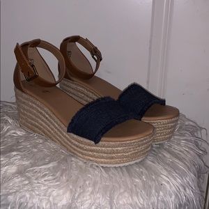 Brown Espadrille Wedges with Denim Strap